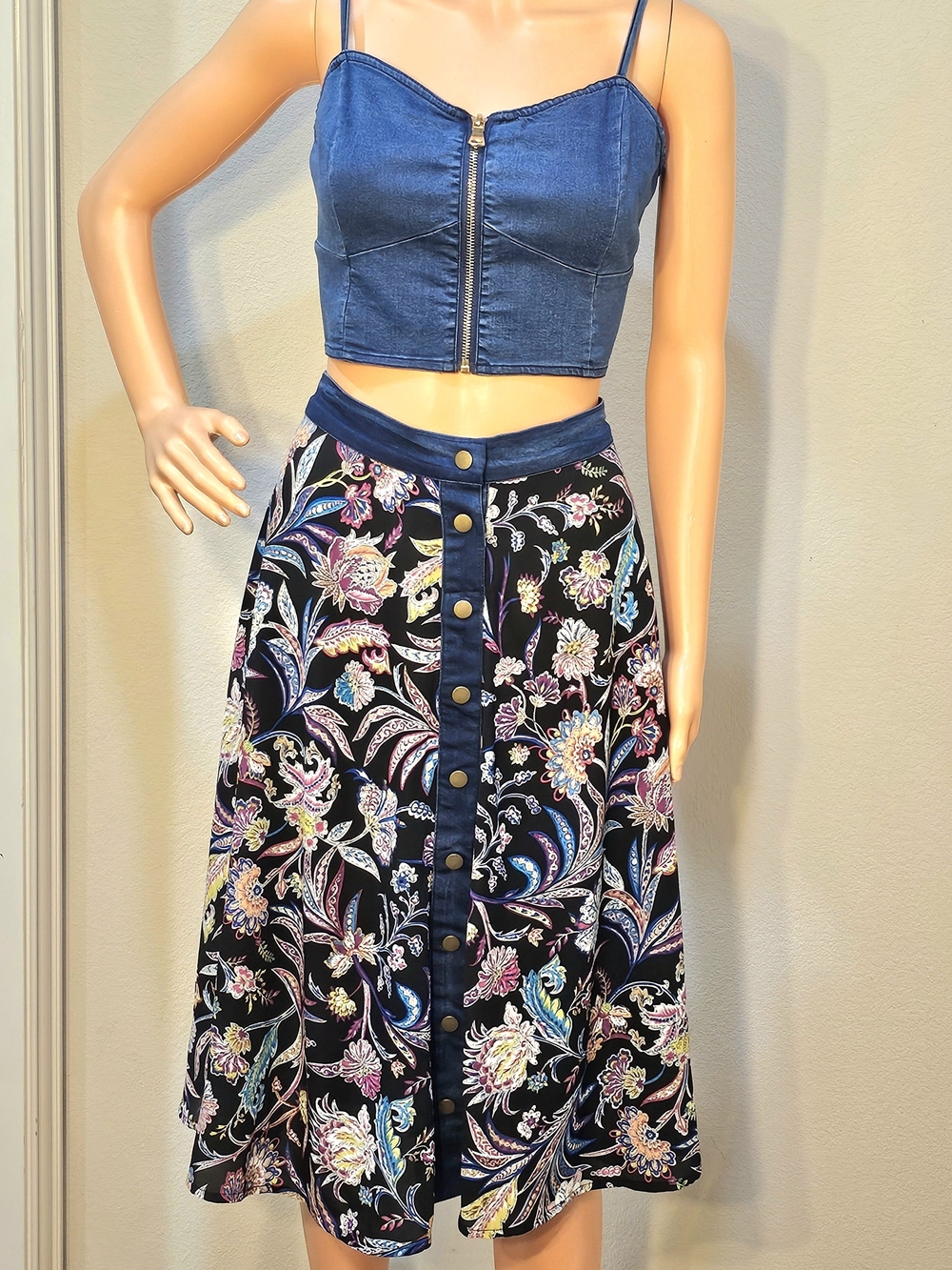 Venus 2-Piece Zip-Up Denim Top And Floral Skirt